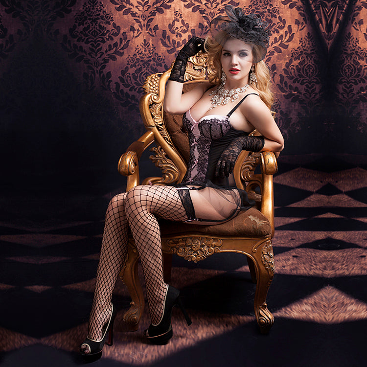 Teddy- 4 Pcs Sexy Women's Purple Corset  Lingerie with G- String, Gloves and Fishnet Stockings