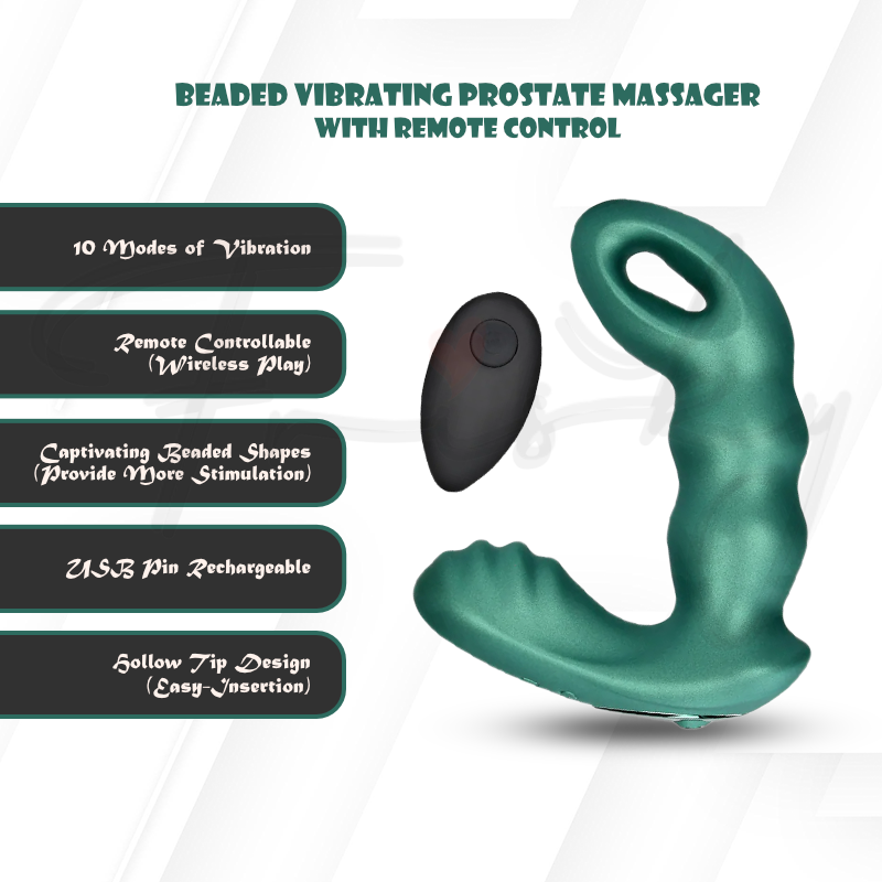 SHOTS Ouch! Beaded Vibrating Prostate Massager with Remote Control - Metallic Green