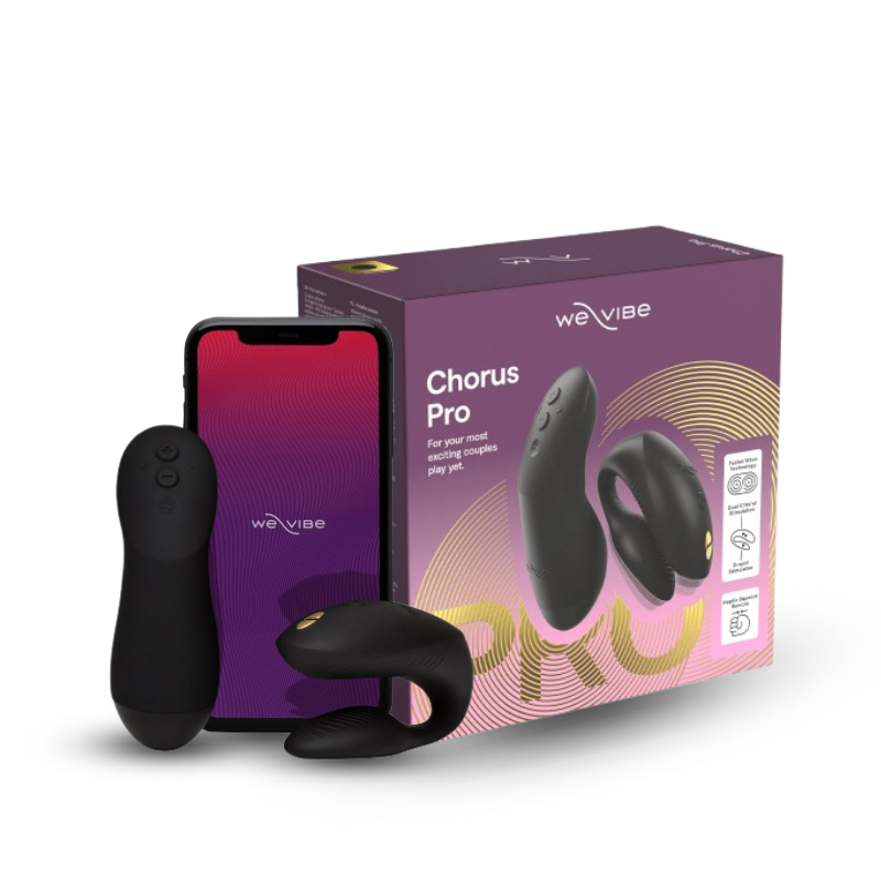 We-Vibe Chorus Pro Black couple vibrator with remote, phone app, and packaging set.