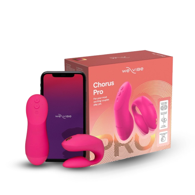 We-Vibe Chorus Pro Electric Pink couple vibrator with remote, phone app, and packaging set.