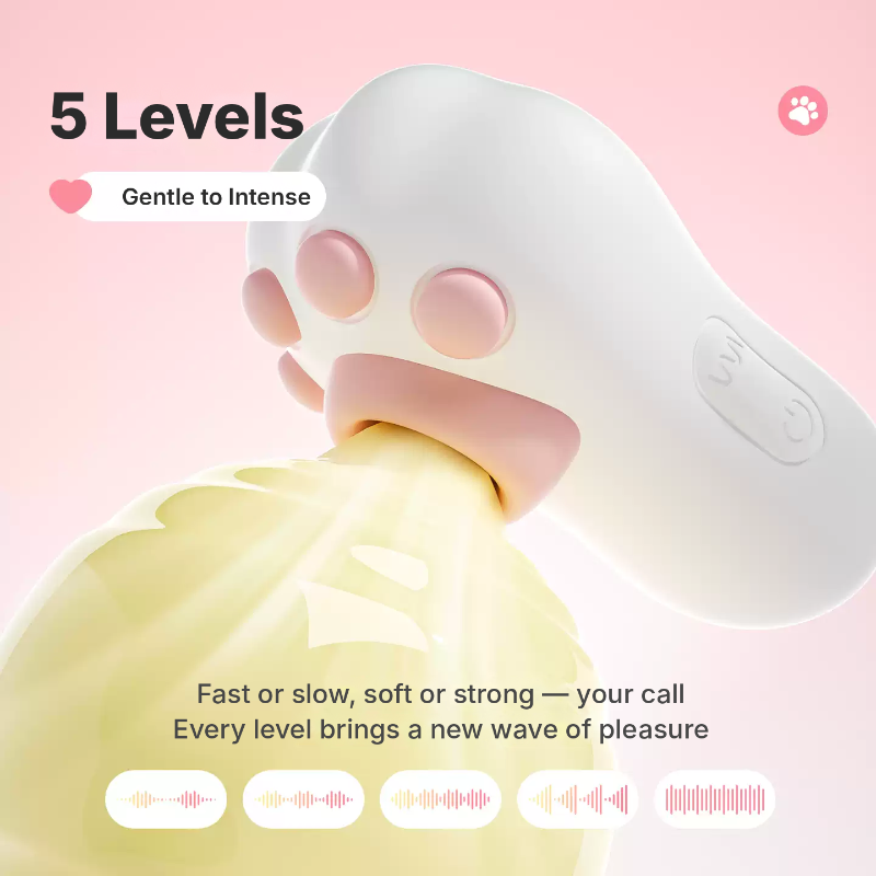 5 Levels graphic showing the white cat-paw suction unit on a soft yellow swirl backdrop