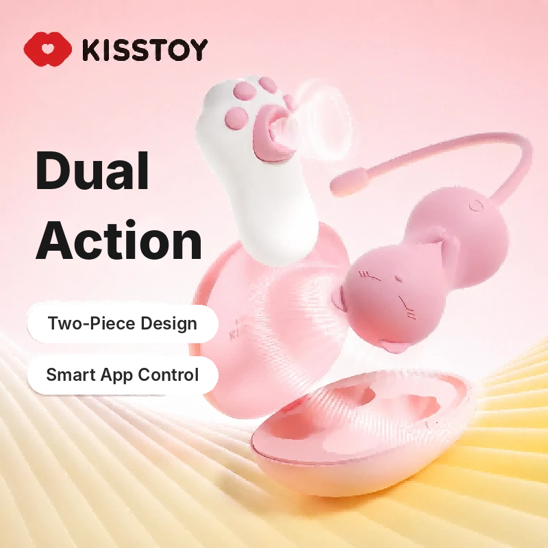 Kisstoy Dual Action banner showing the two-piece suction and egg set with smart app control