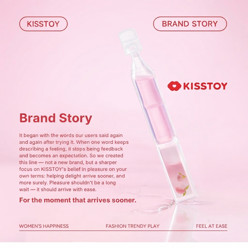 Kisstoy Brand Story graphic showing a pink lube vial on a soft blush background