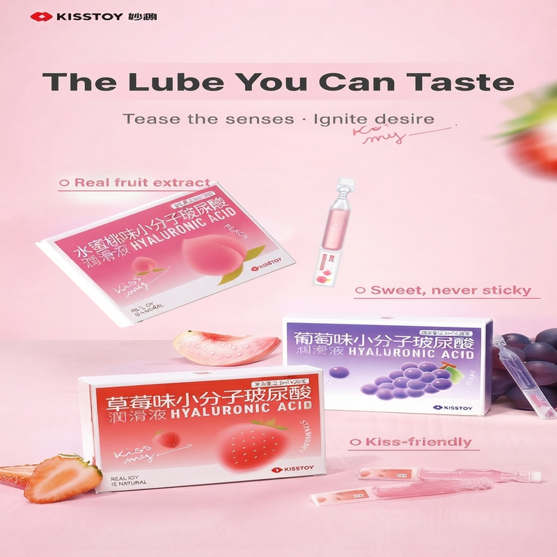 The Lube You Can Taste graphic with fruit-flavour boxes and vials on a pink background