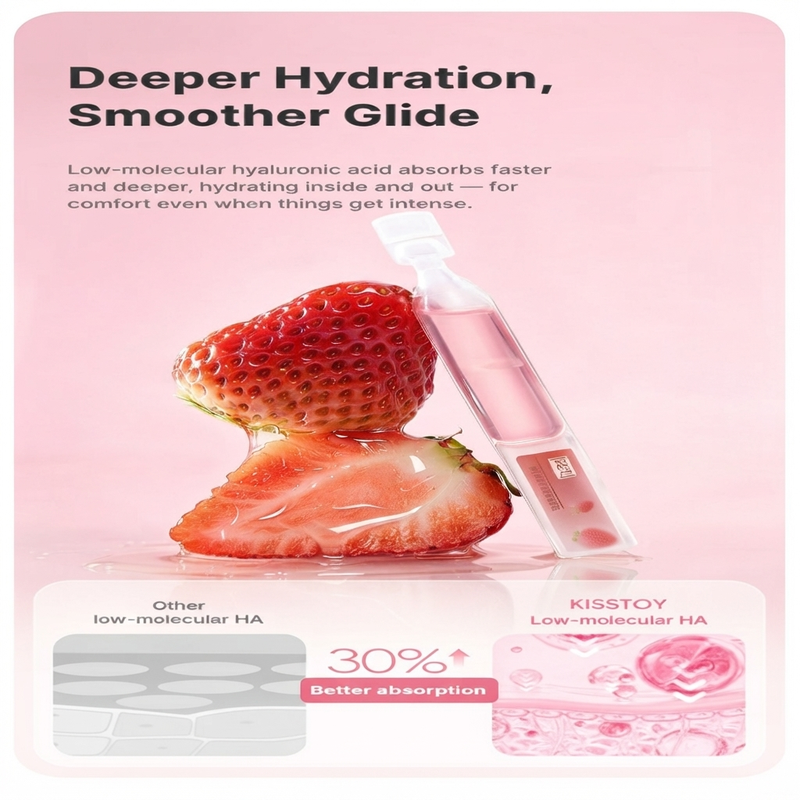 Deeper Hydration, Smoother Glide graphic with a halved strawberry beside a pink lube vial