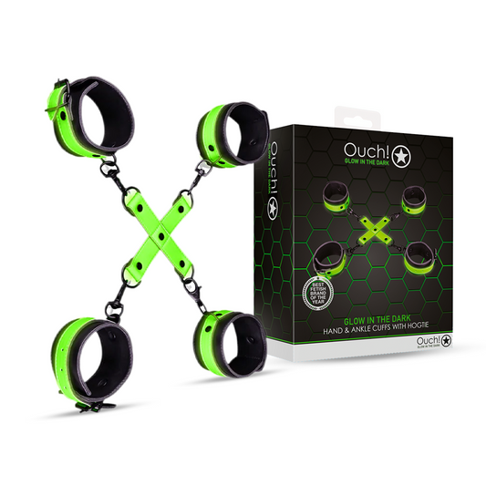 SHOTS Ouch! Hand and Ankle Cuffs with Hogtie - Glow in the Dark