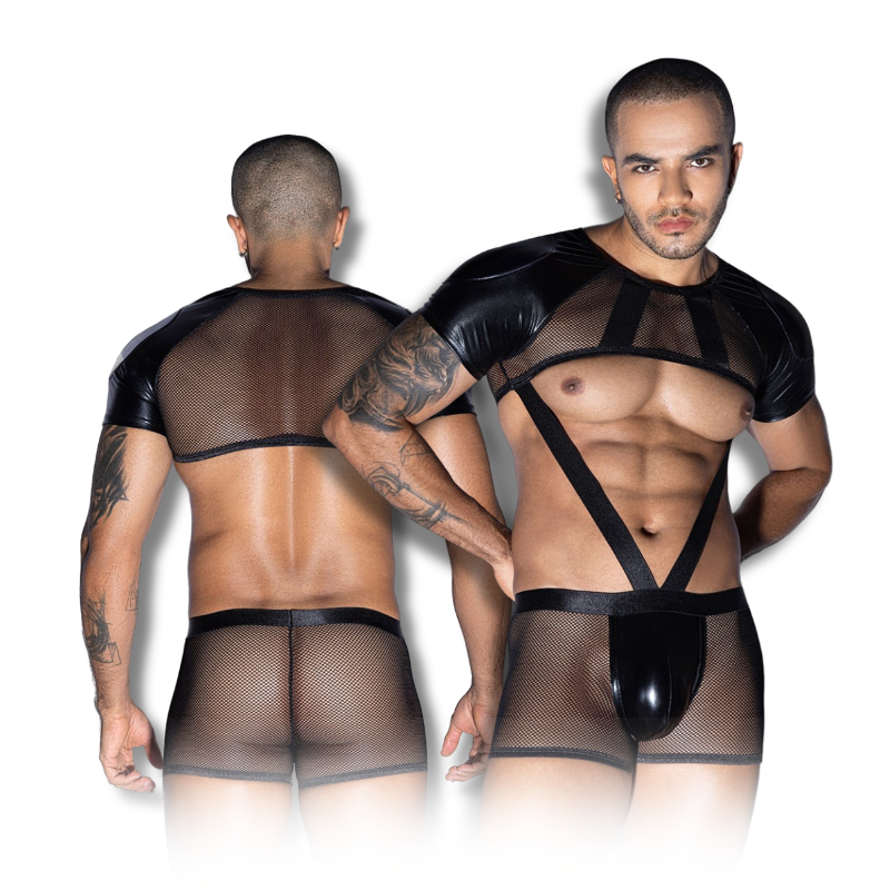 Gentsuit - 2 Pcs Semi Transparent Fishnet Underwear and Elastic Waist Cut In Designed Men Sleepwear