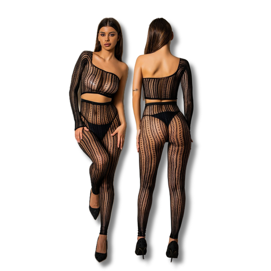 Bodystocking - 2 Pcs Black One Shoulder Strapes Fishnet Lingerie
