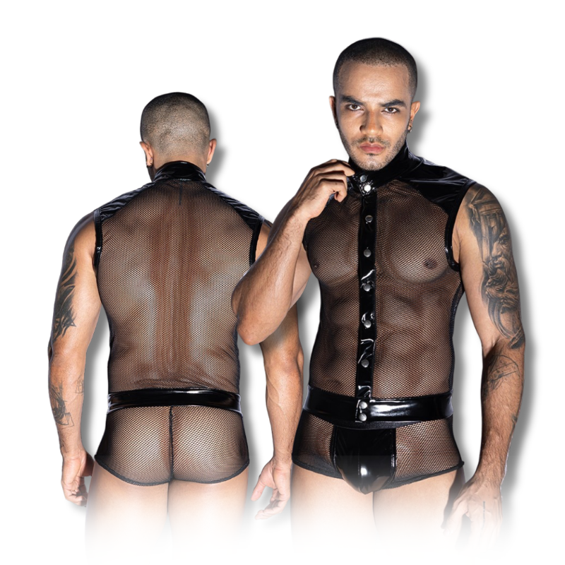 Gentsuit - 2 Pcs Black Open-Button Fishnet Men Costume with Sexy Underwear