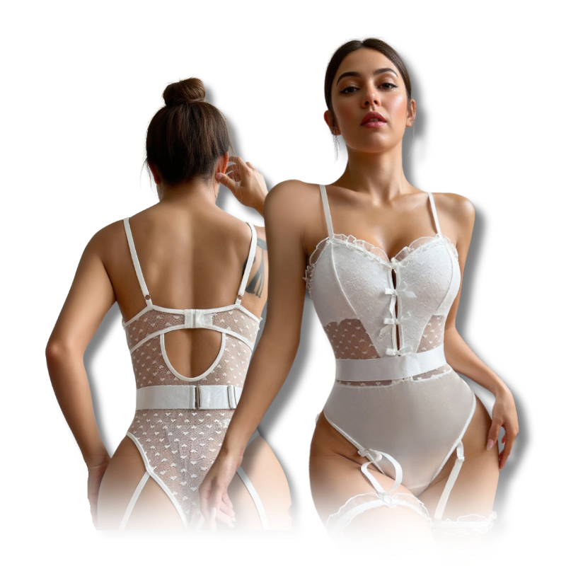 Teddy - 1 Pc White Lace Sexy Female Lingerie with Ruffled Straps and Leg Garter
