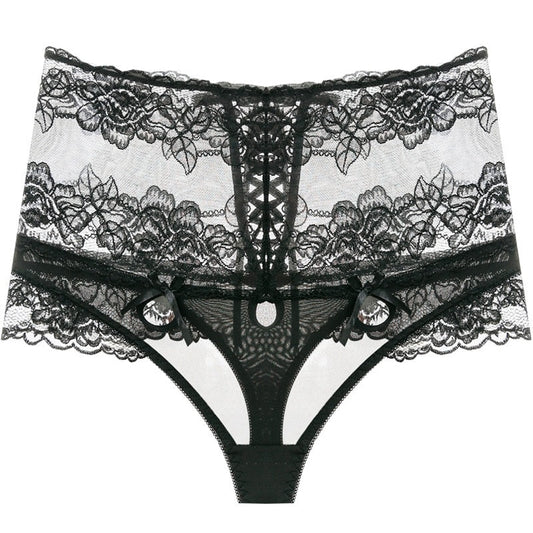 Panties - Black High Waist Strappy Floral Lace Underwear