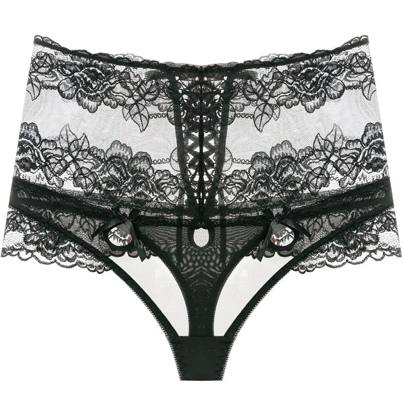 Panties - Black High Waist Strappy Floral Lace Underwear