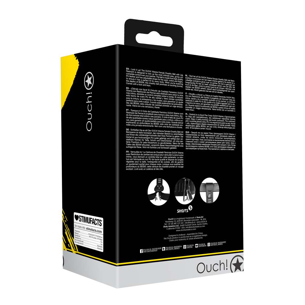 SHOTS Ouch! PU Leather Female Chastity Belt with Leg Restraint