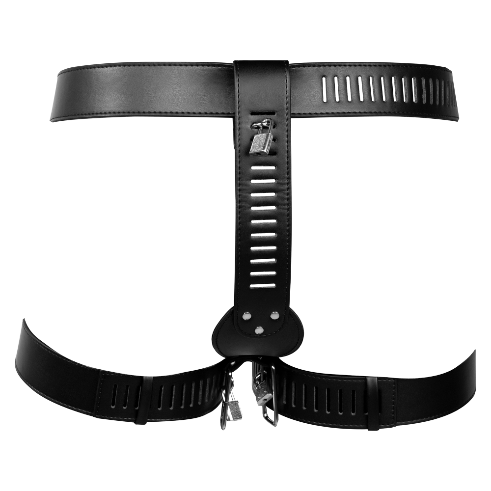 SHOTS Ouch! PU Leather Female Chastity Belt with Leg Restraint