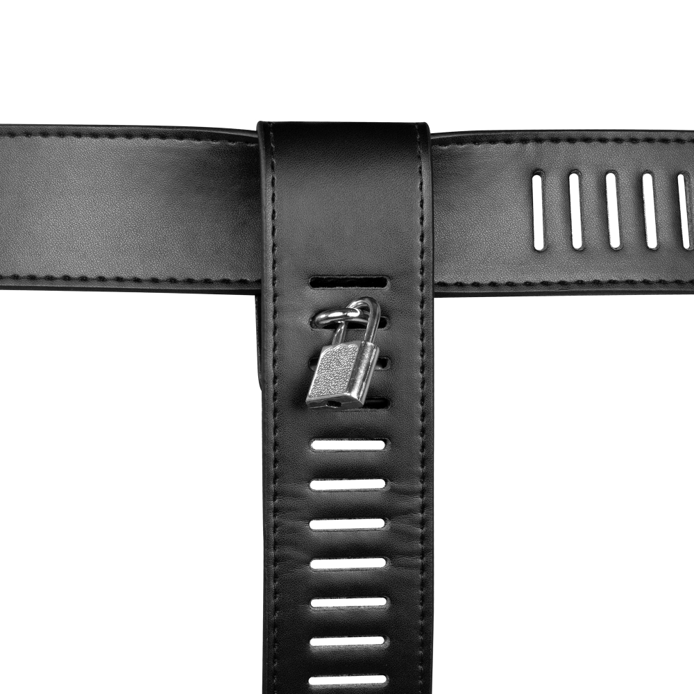 SHOTS Ouch! PU Leather Female Chastity Belt with Leg Restraint