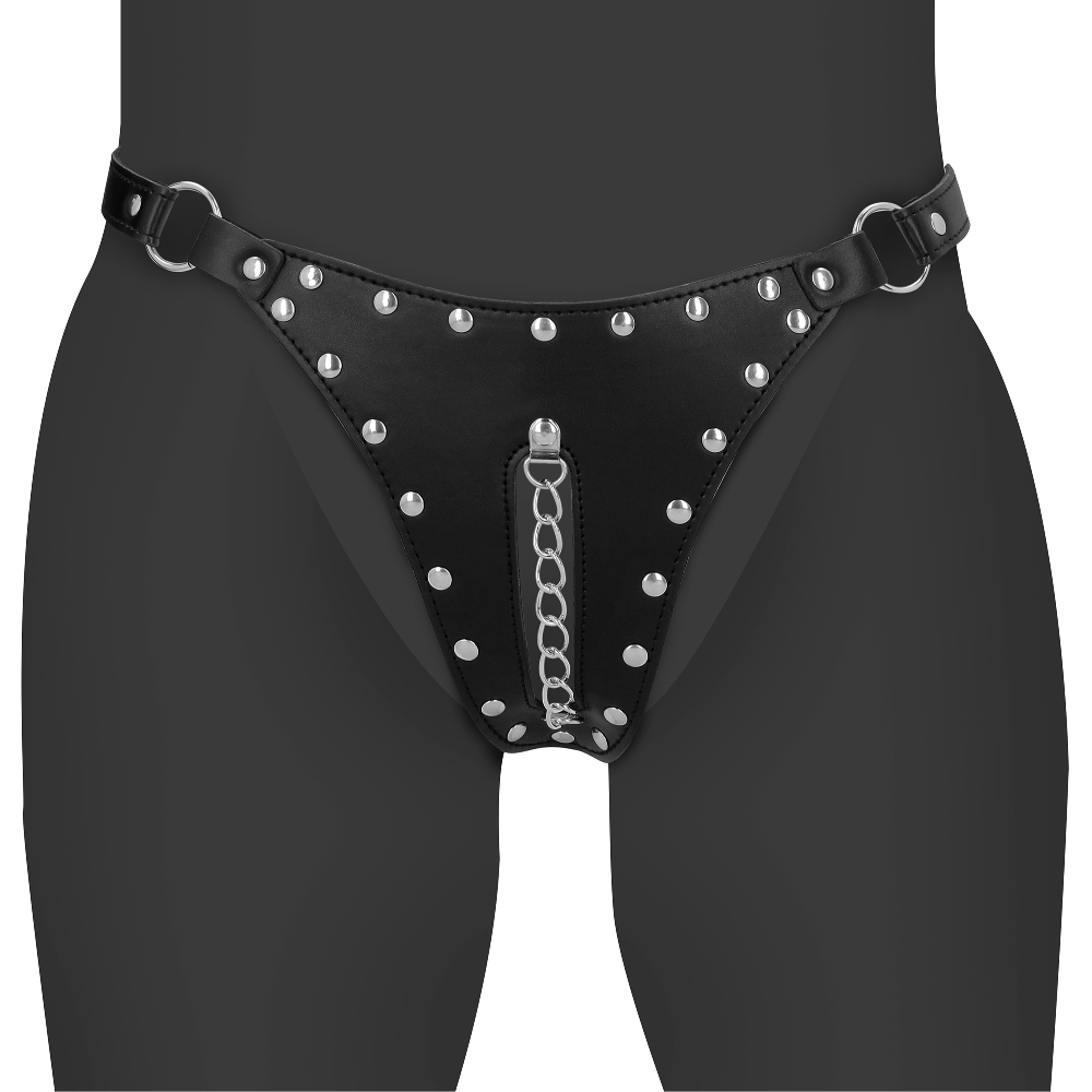 SHOTS Ouch! PU Leather Chastity Thong with Chain Detail