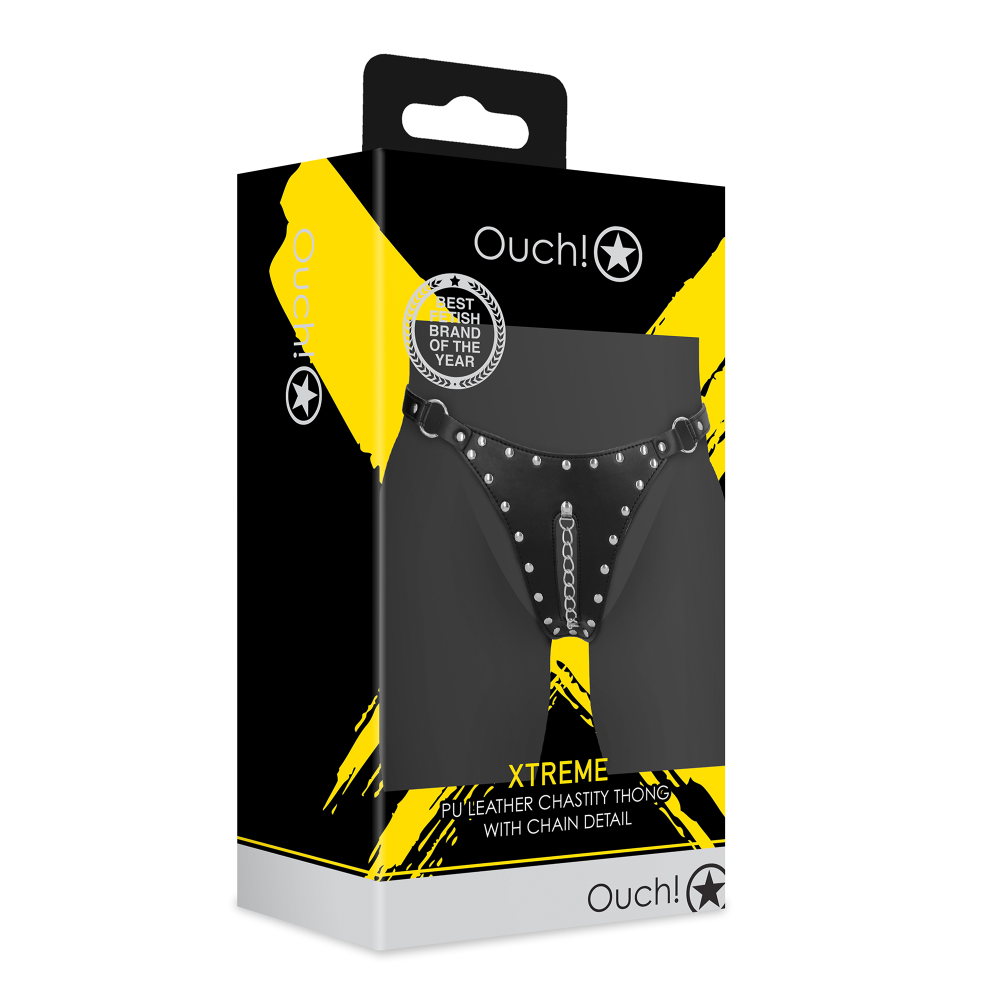 SHOTS Ouch! PU Leather Chastity Thong with Chain Detail