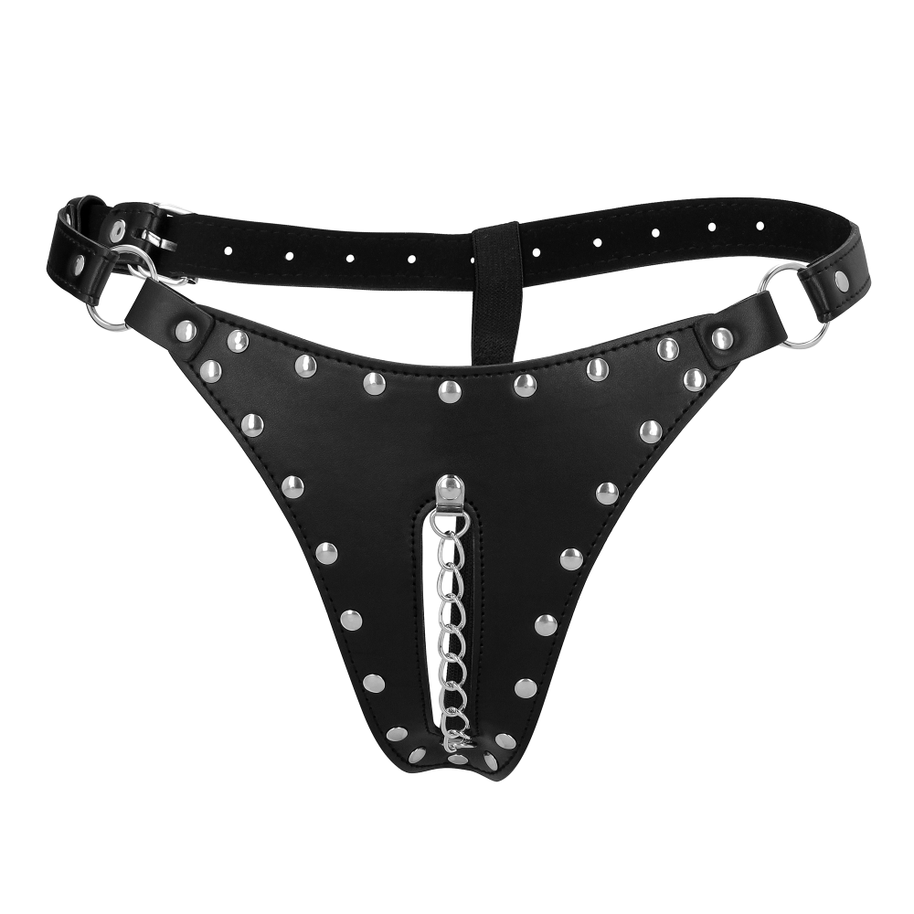 SHOTS Ouch! PU Leather Chastity Thong with Chain Detail
