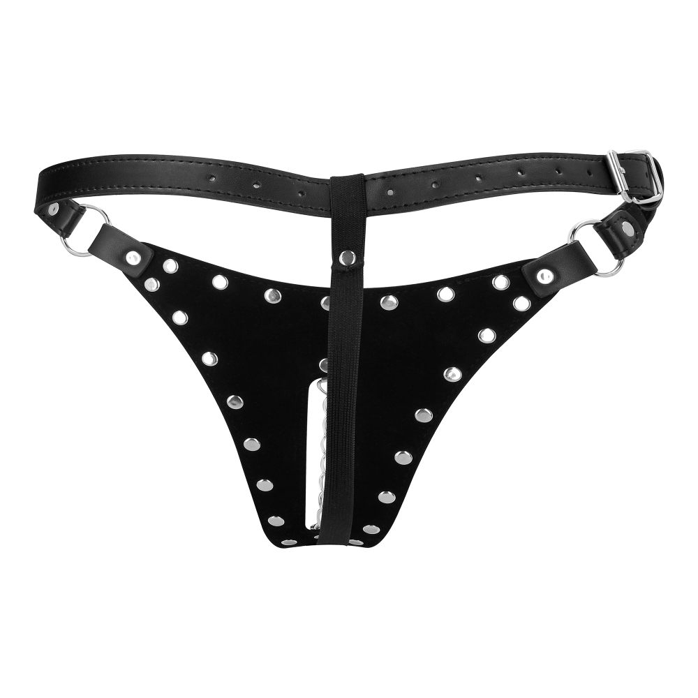 SHOTS Ouch! PU Leather Chastity Thong with Chain Detail