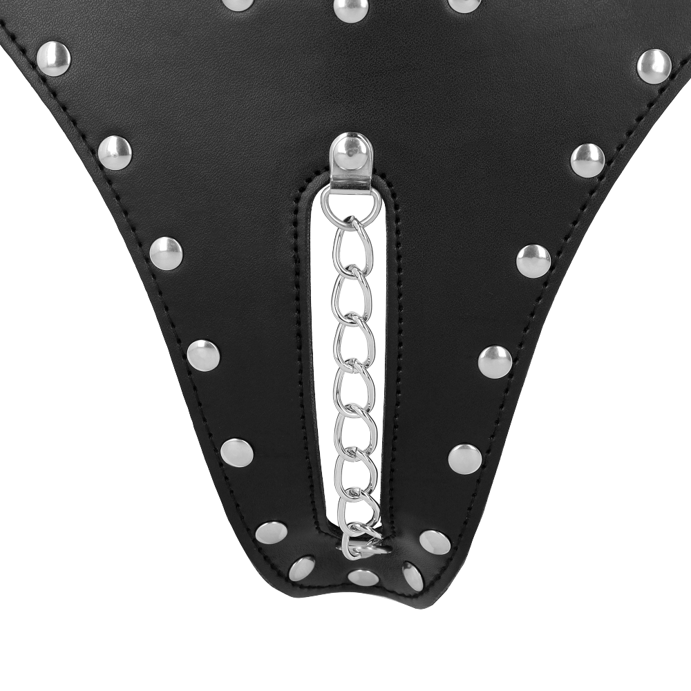 SHOTS Ouch! PU Leather Chastity Thong with Chain Detail