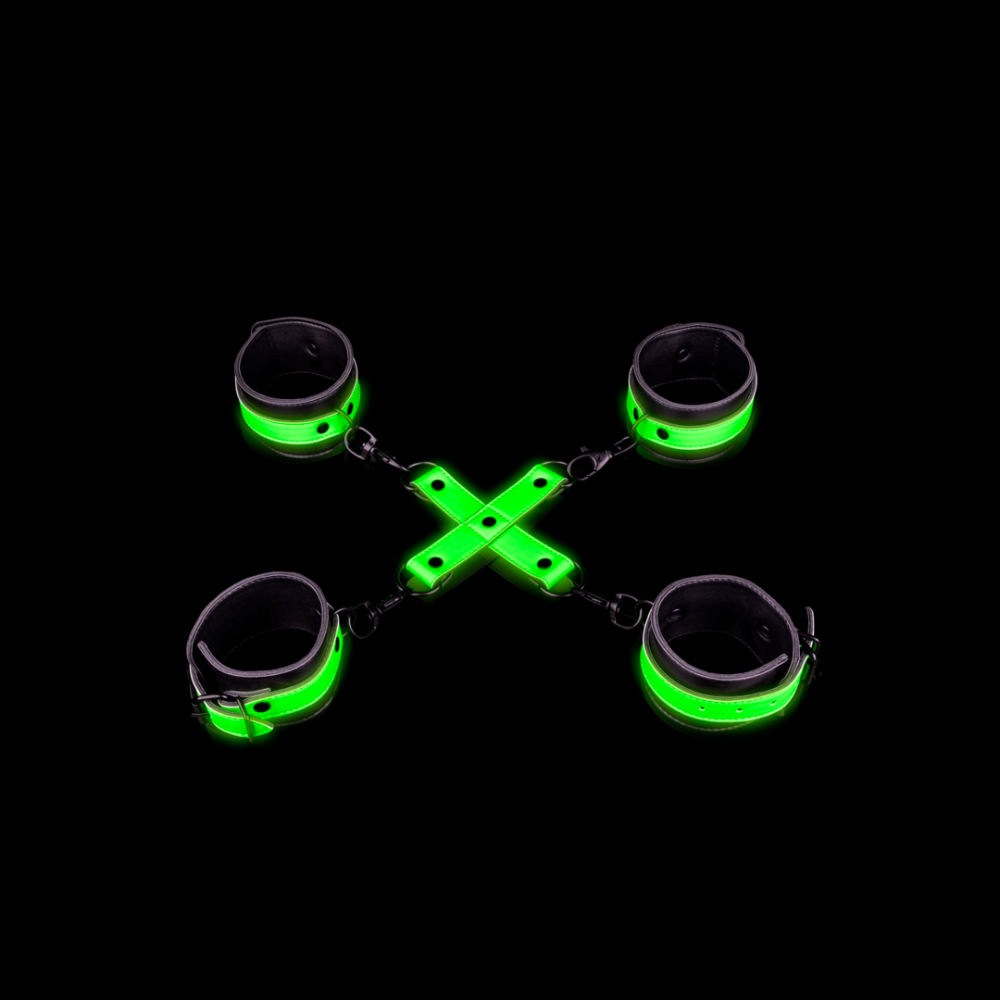 SHOTS Ouch! Hand and Ankle Cuffs with Hogtie - Glow in the Dark