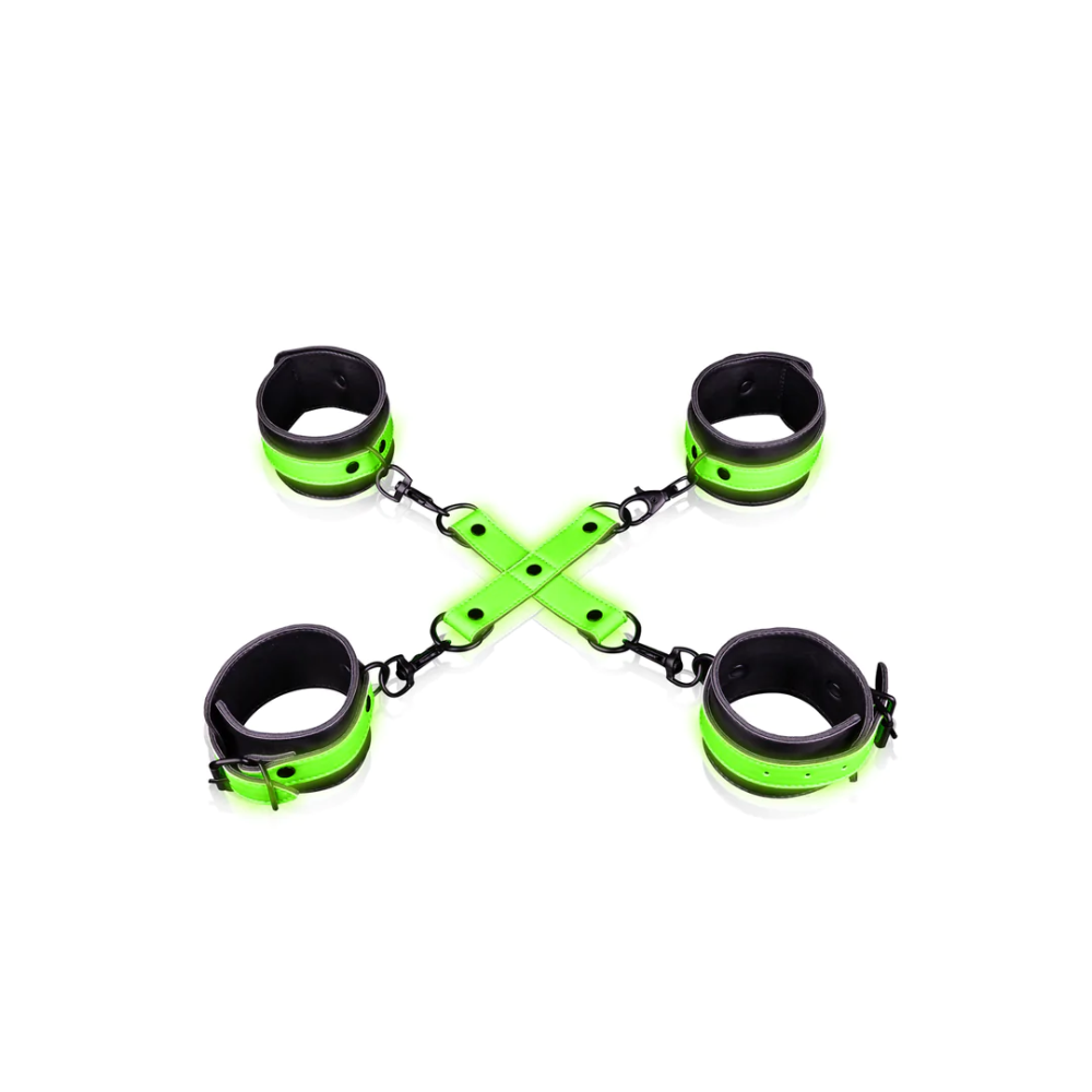 SHOTS Ouch! Hand and Ankle Cuffs with Hogtie - Glow in the Dark