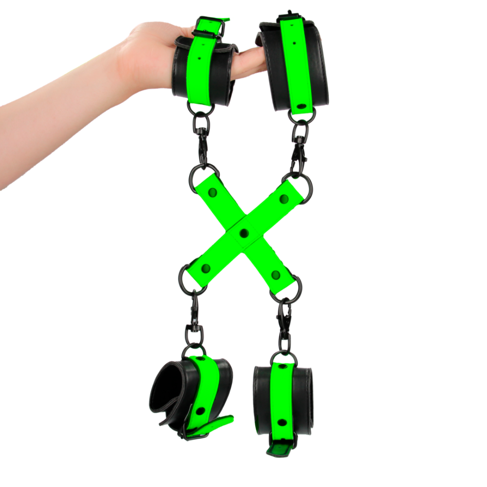 SHOTS Ouch! Hand and Ankle Cuffs with Hogtie - Glow in the Dark