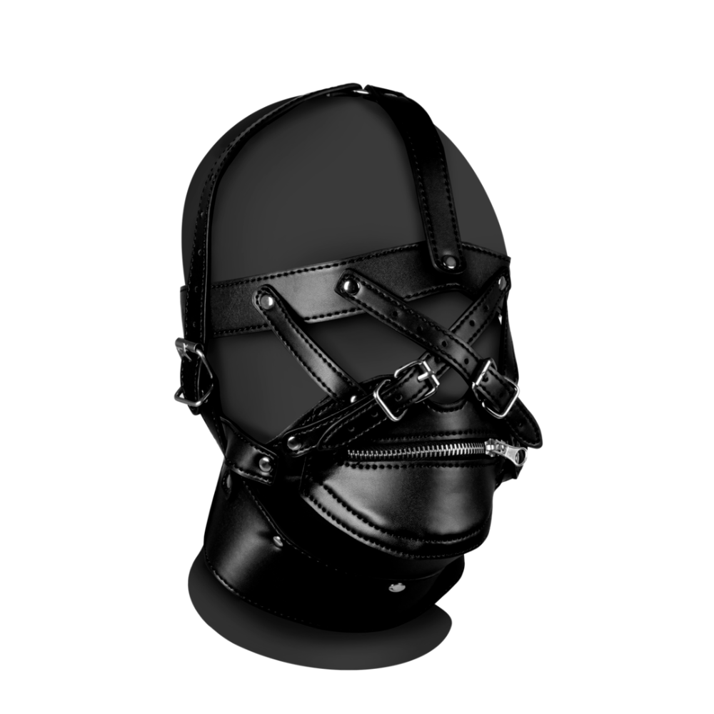SHOTS Ouch!  Head Harness with Zip-up Mouth and Lock - Black