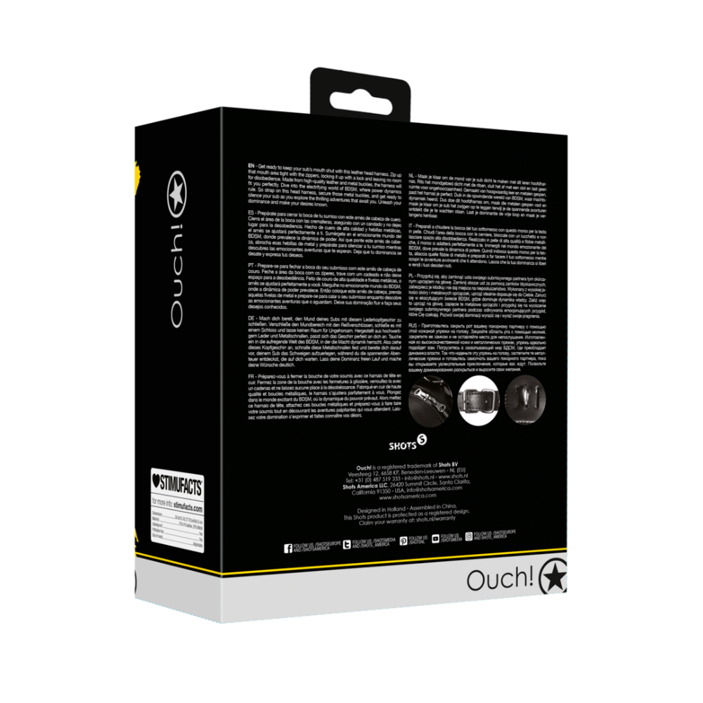 SHOTS Ouch!  Head Harness with Zip-up Mouth and Lock - Black