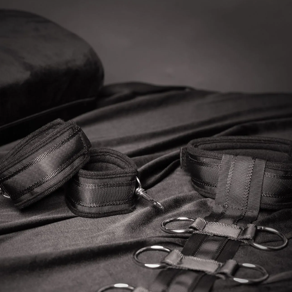 SHOTS Ouch! Restraint Harness with Collar and Hand Cuffs - Black