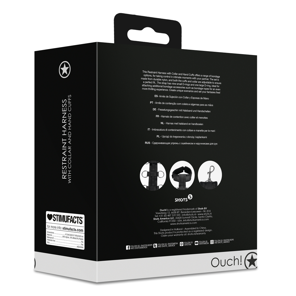 SHOTS Ouch! Restraint Harness with Collar and Hand Cuffs - Black