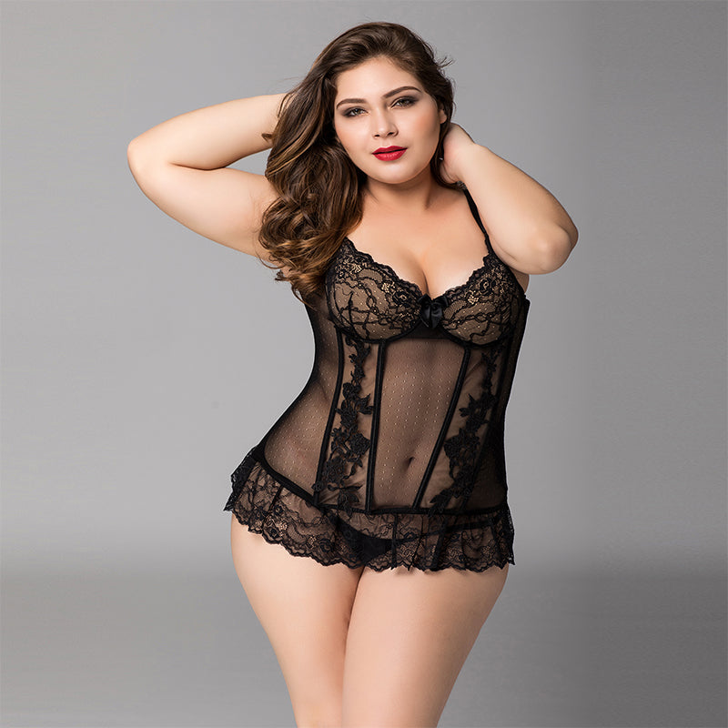 PLUS SIZE Bodystocking - 2 Pcs Sheer Mesh Black Corset Lady Lingerie with Lace Detail and Thong Set