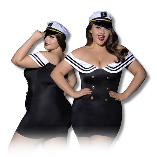 PLUS SIZE Roleplay Set - 3 Pcs Navy Sailor Off‑Shoulder Mini Dress Costume with Thong and Sailor Hat