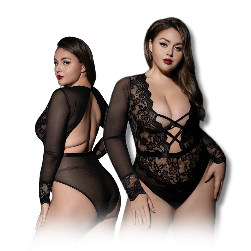 PLUS SIZE Babydoll - 2 Pieces Deep V Adjustable Strap Blackless Sleepwear with G-String Thongs