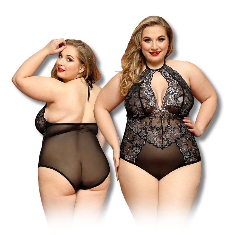 PLUS SIZE Teddy - 1 Pc Sheer Mesh Black Bodysuit with Floral Detail and Lace Embroidery