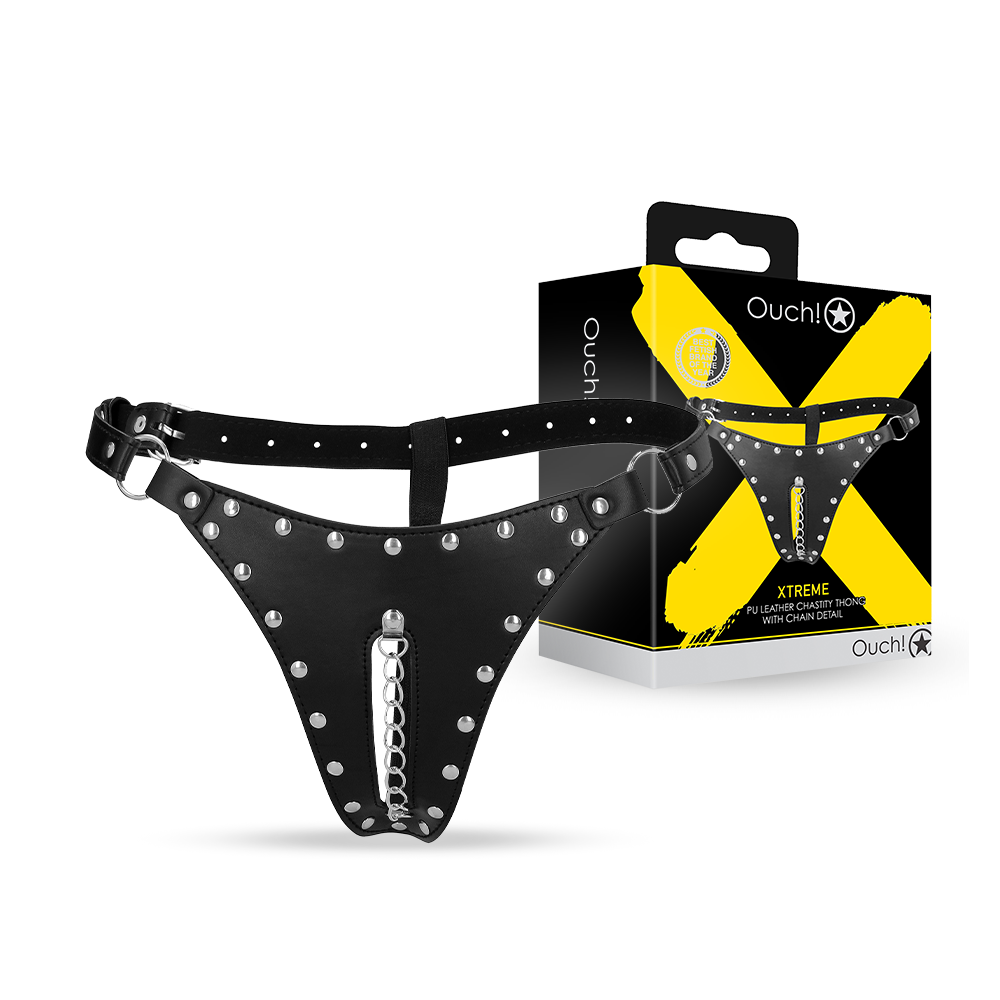 SHOTS Ouch! PU Leather Chastity Thong with Chain Detail