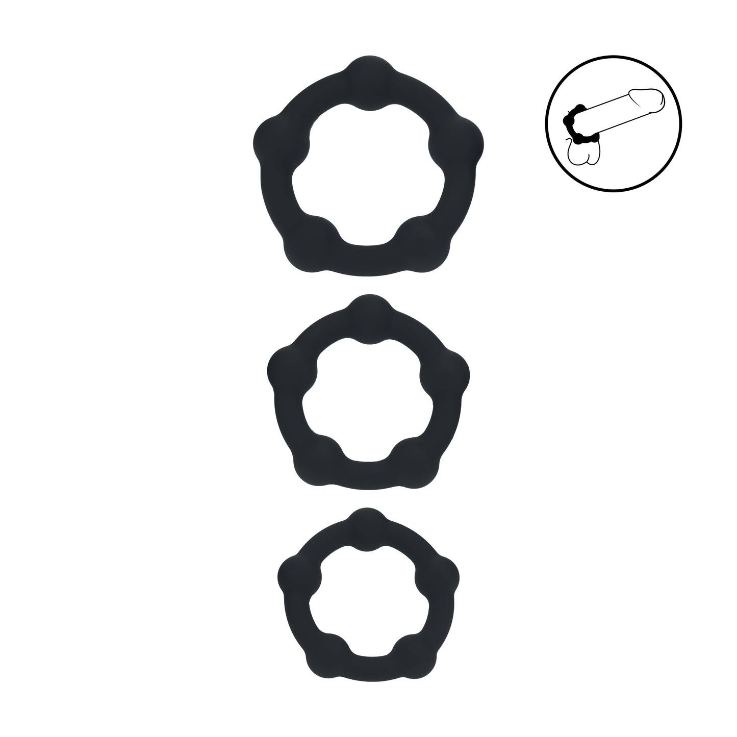 Three black beaded silicone cock rings in small, medium, and large sizes displayed individually on a white background.