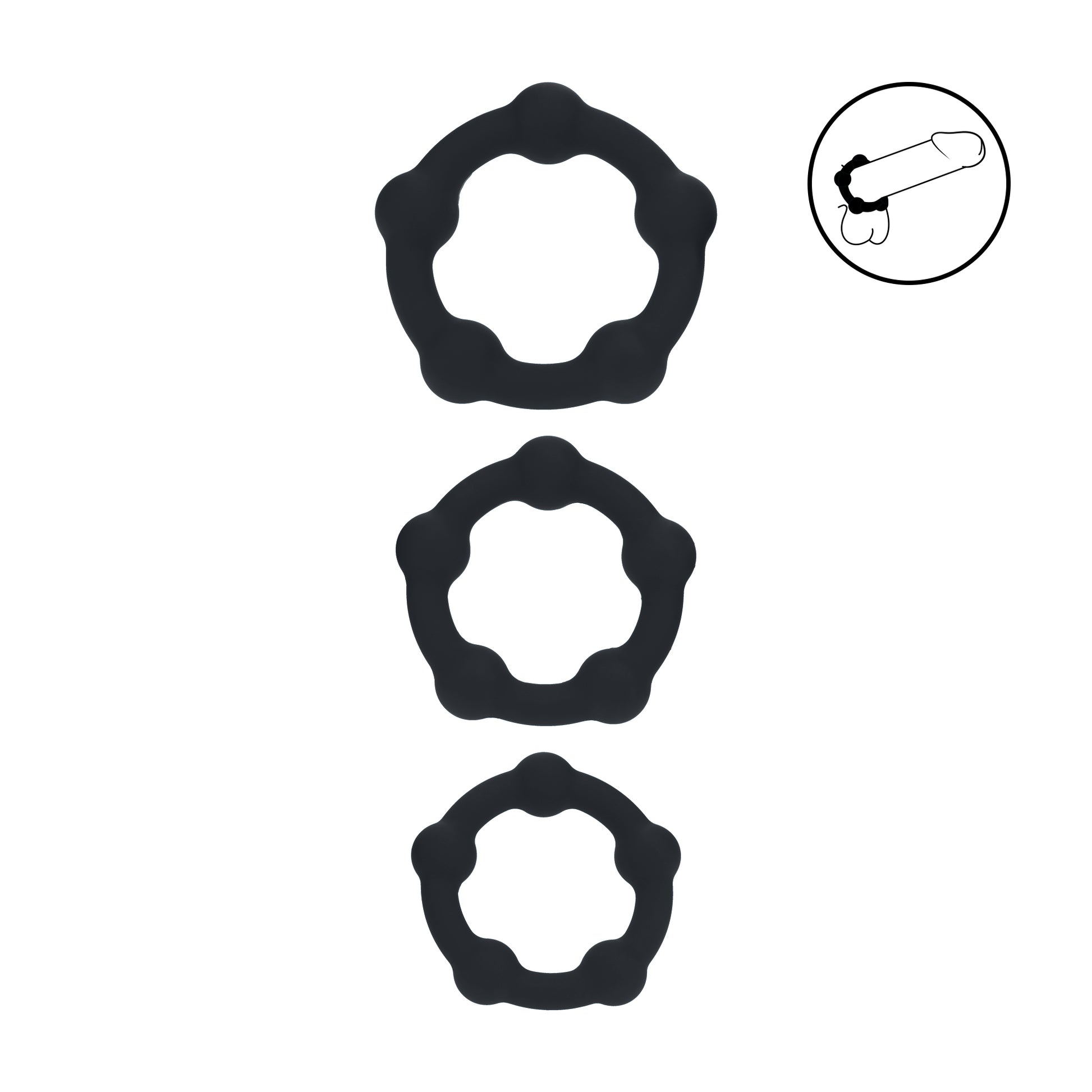 Three black beaded silicone cock rings in small, medium, and large sizes displayed individually on a white background.
