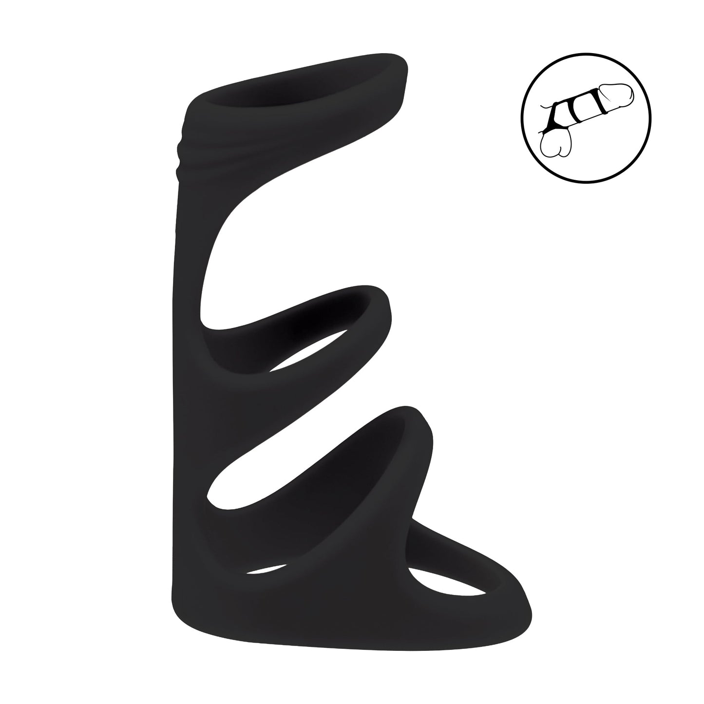 Black LEVELZ 3-Loop Silicone Cock Ring standing upright to show its layered triple-ring structure.
