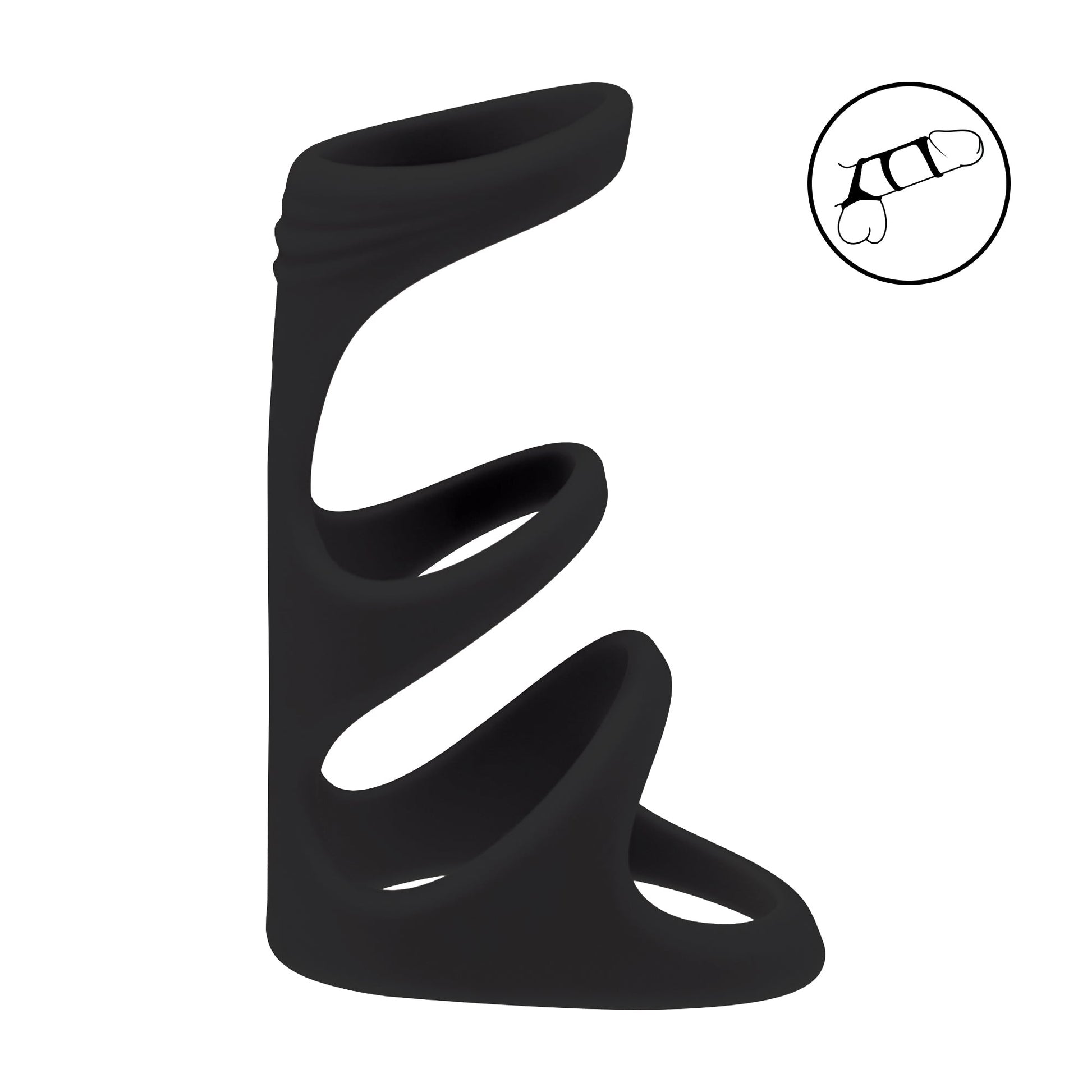 Black LEVELZ 3-Loop Silicone Cock Ring standing upright to show its layered triple-ring structure.