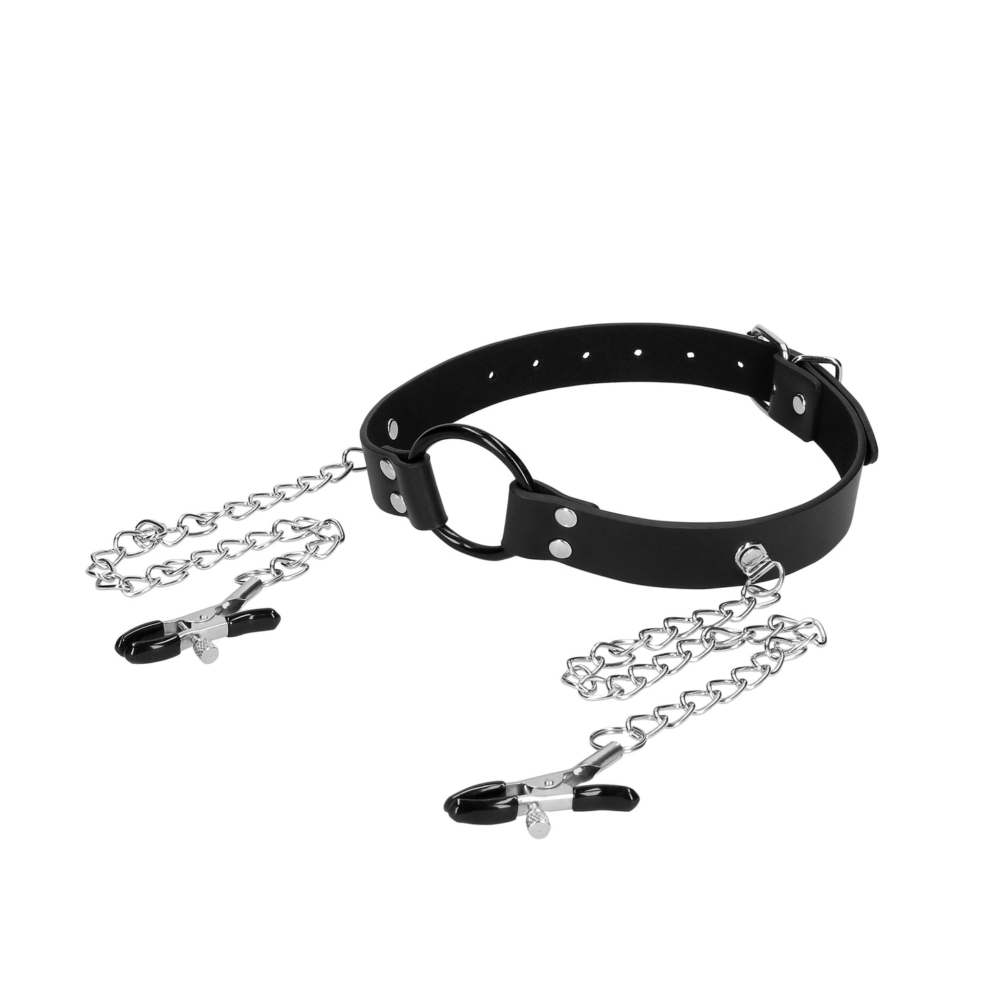 SHOTS Ouch! O-Ring Gag with Nipple Clamps - Black
