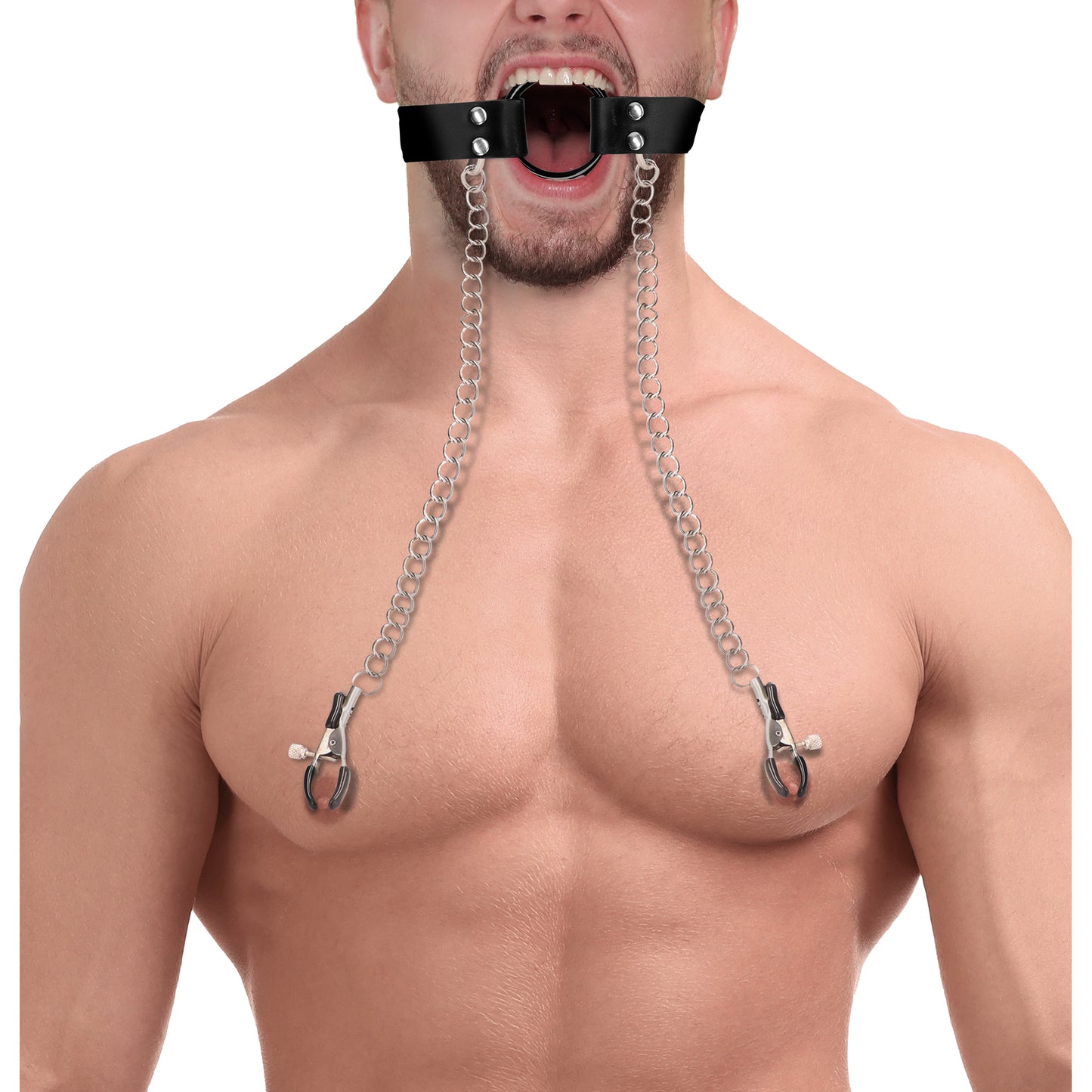 SHOTS Ouch! O-Ring Gag with Nipple Clamps - Black