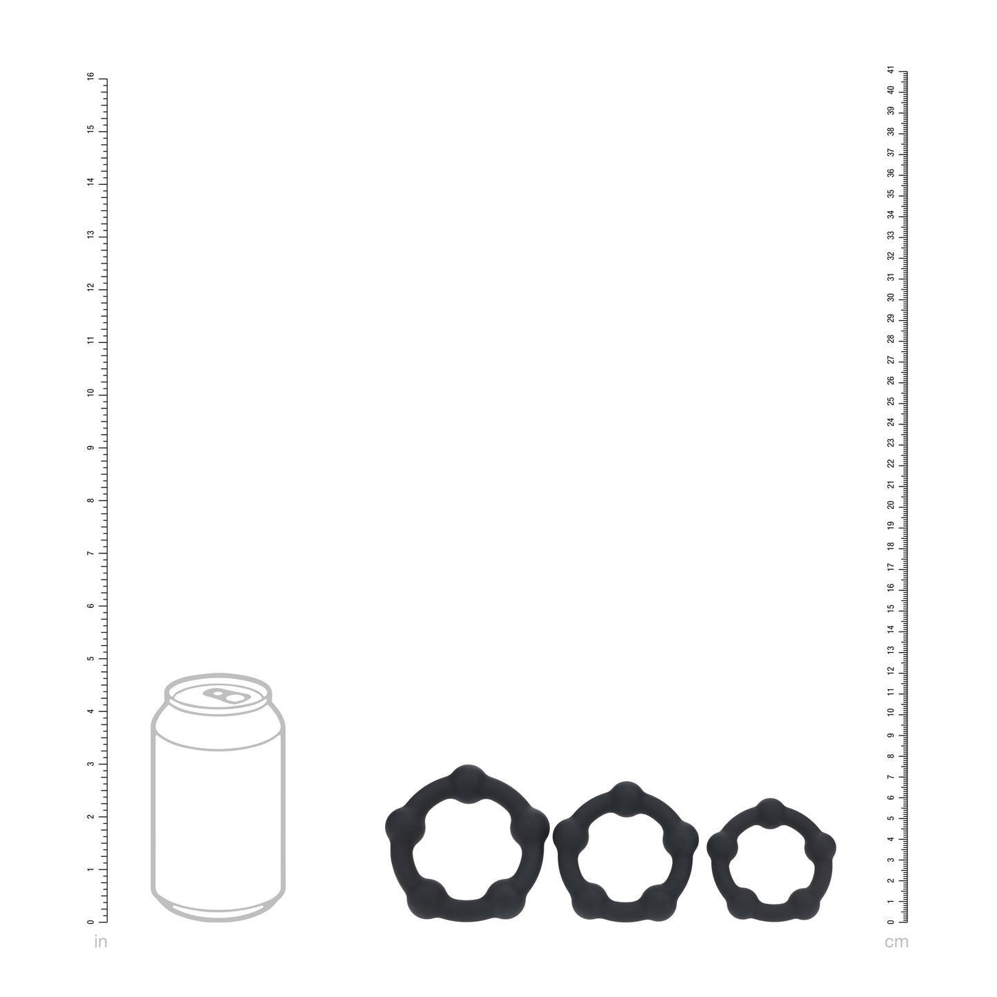 Size guide illustration for the SHOTS Beaded Silicone Cock Ring Set showing ring dimensions and spacing.
