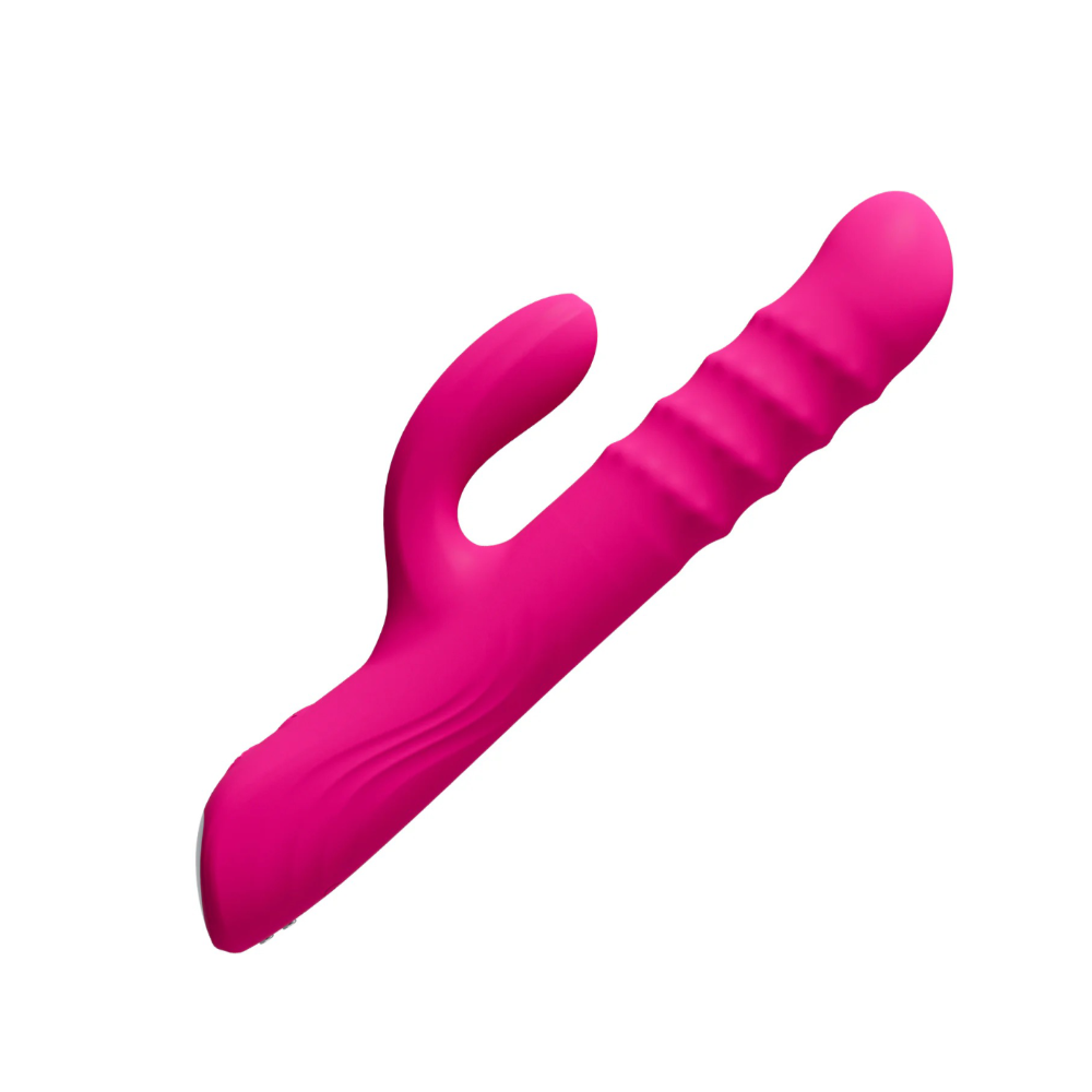 Side angle of pink rabbit vibrator showing dual stimulation arms and shape