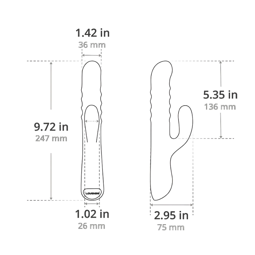 Technical diagram showing Velvo vibrator dimensions and detailed size measurements chart
