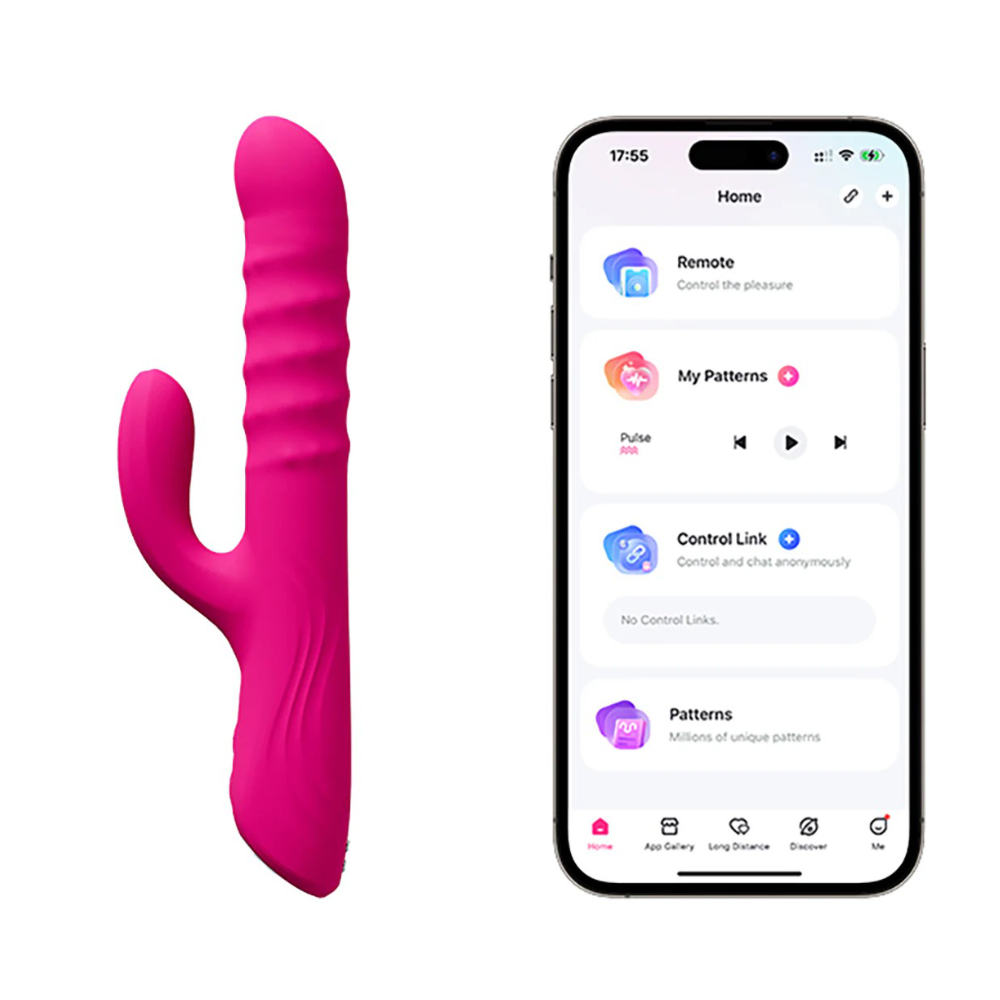 Pink Velvo vibrator beside smartphone displaying app control interface and settings