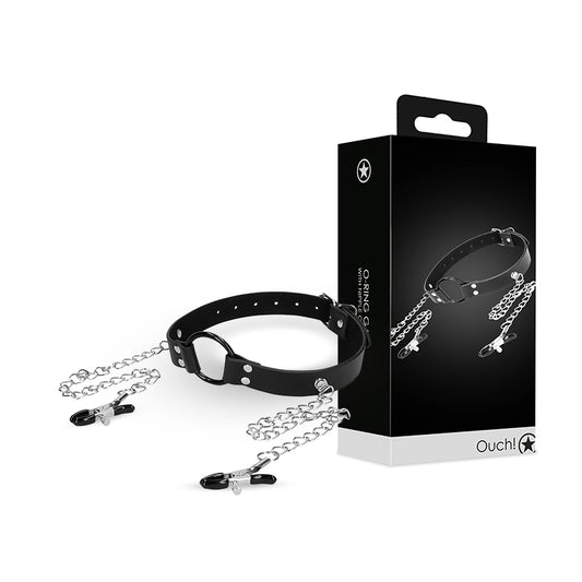 SHOTS Ouch! O-Ring Gag with Nipple Clamps - Black