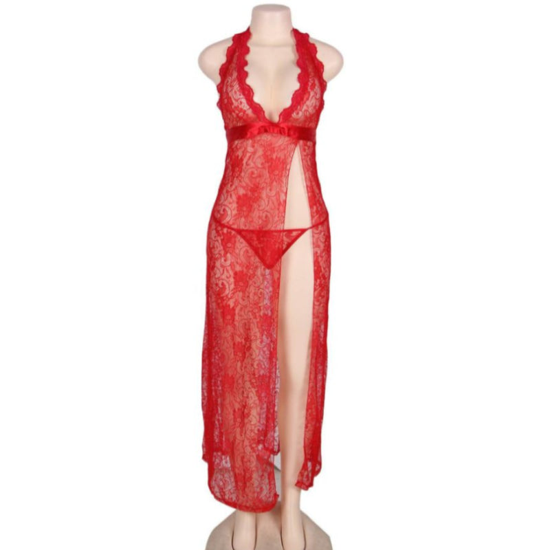 Slips - 2 Pcs Red Sexy Lace Halter Neck Long Dress