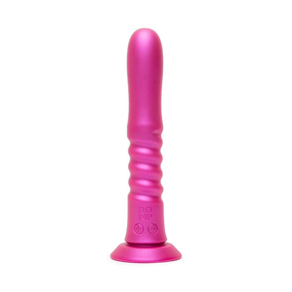 Upright view of pink thrusting dildo with textured shaft and base