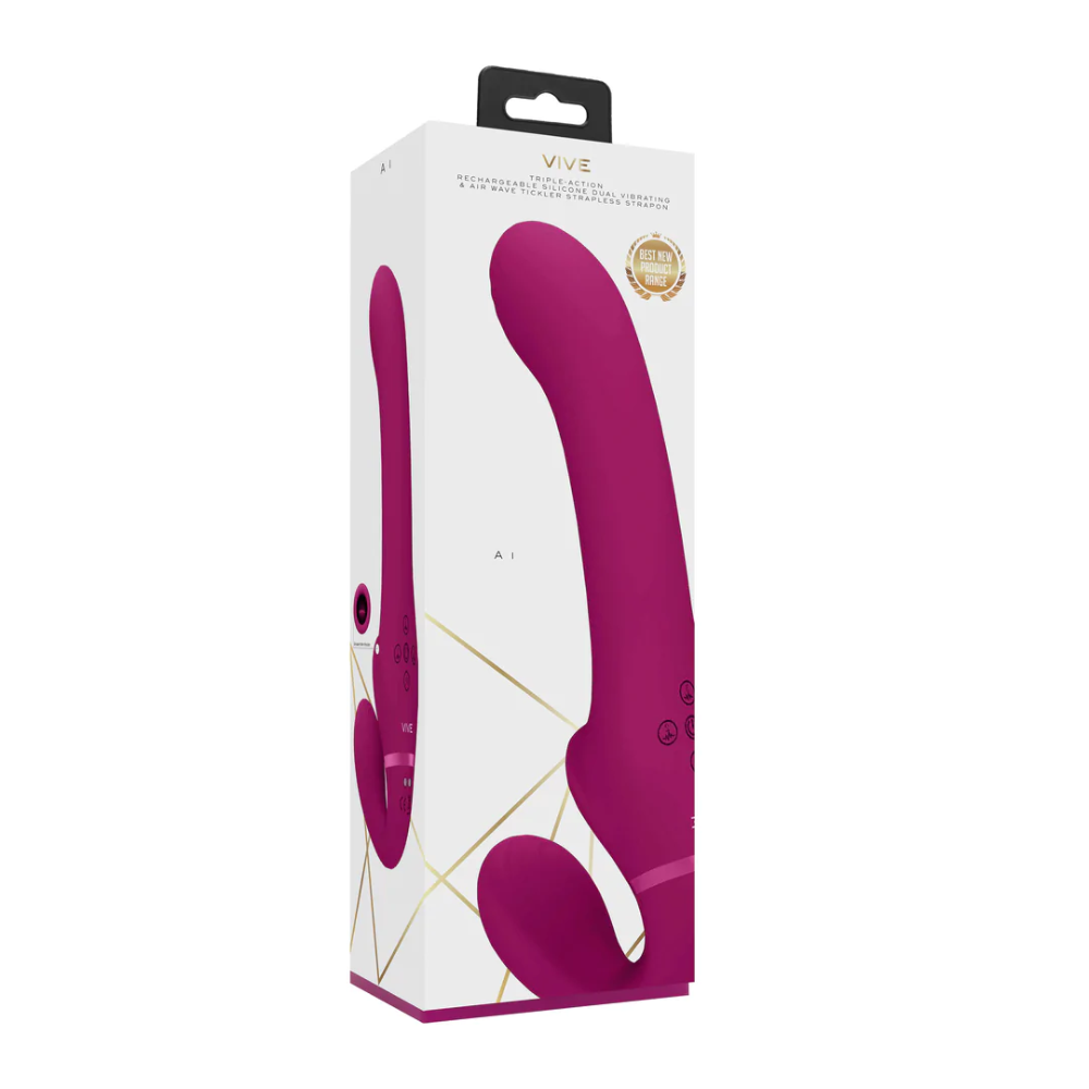 SHOTS - Ai Dual Vibrating & Air Wave Tickler Strapless Strap On - Pink